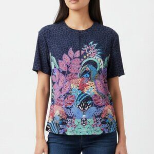 Johnny Was Blue Floral Leaf Print Short Sleeve Zip Neck Top XXL